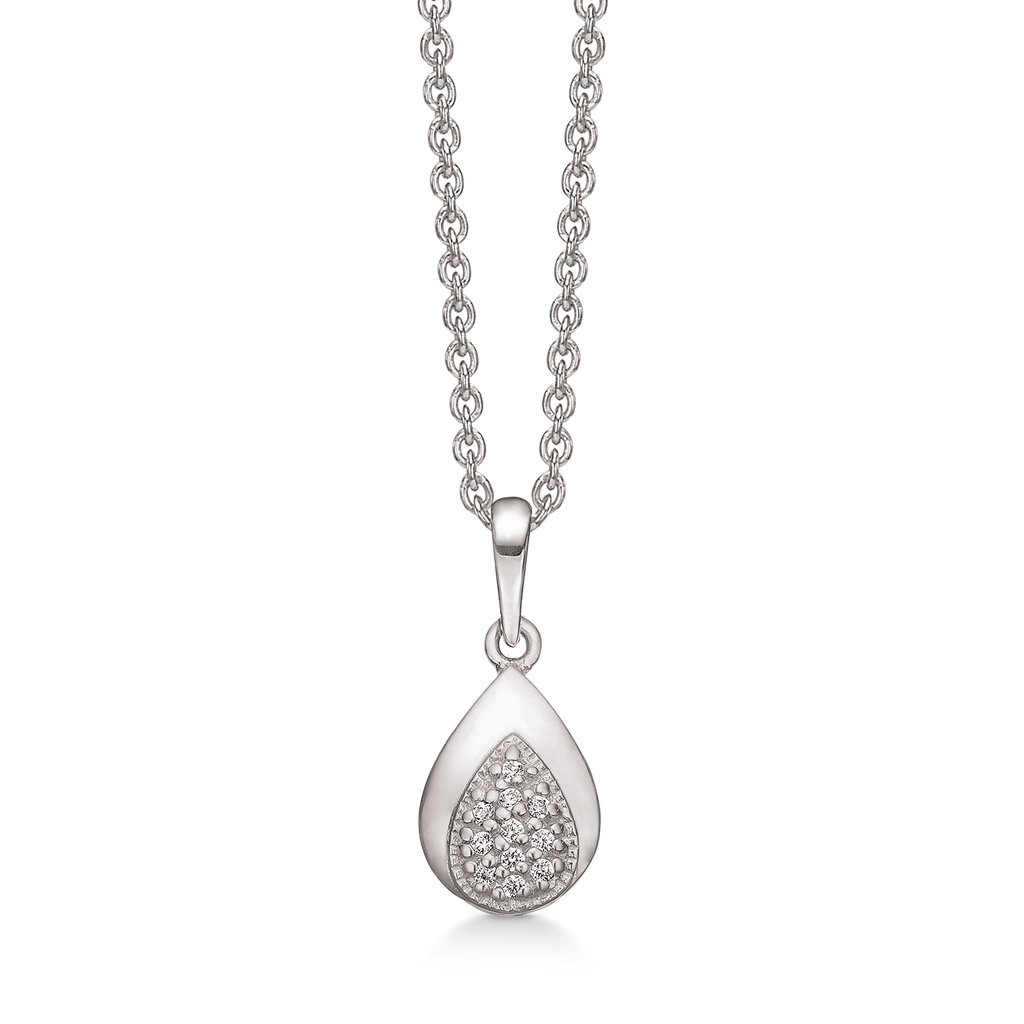 Sølv halskæde rhodineret  oval dråbe fyldt med syntetisk cubic zirconia.  Kæden er rhodineret sølv i længde 42-45 cm.