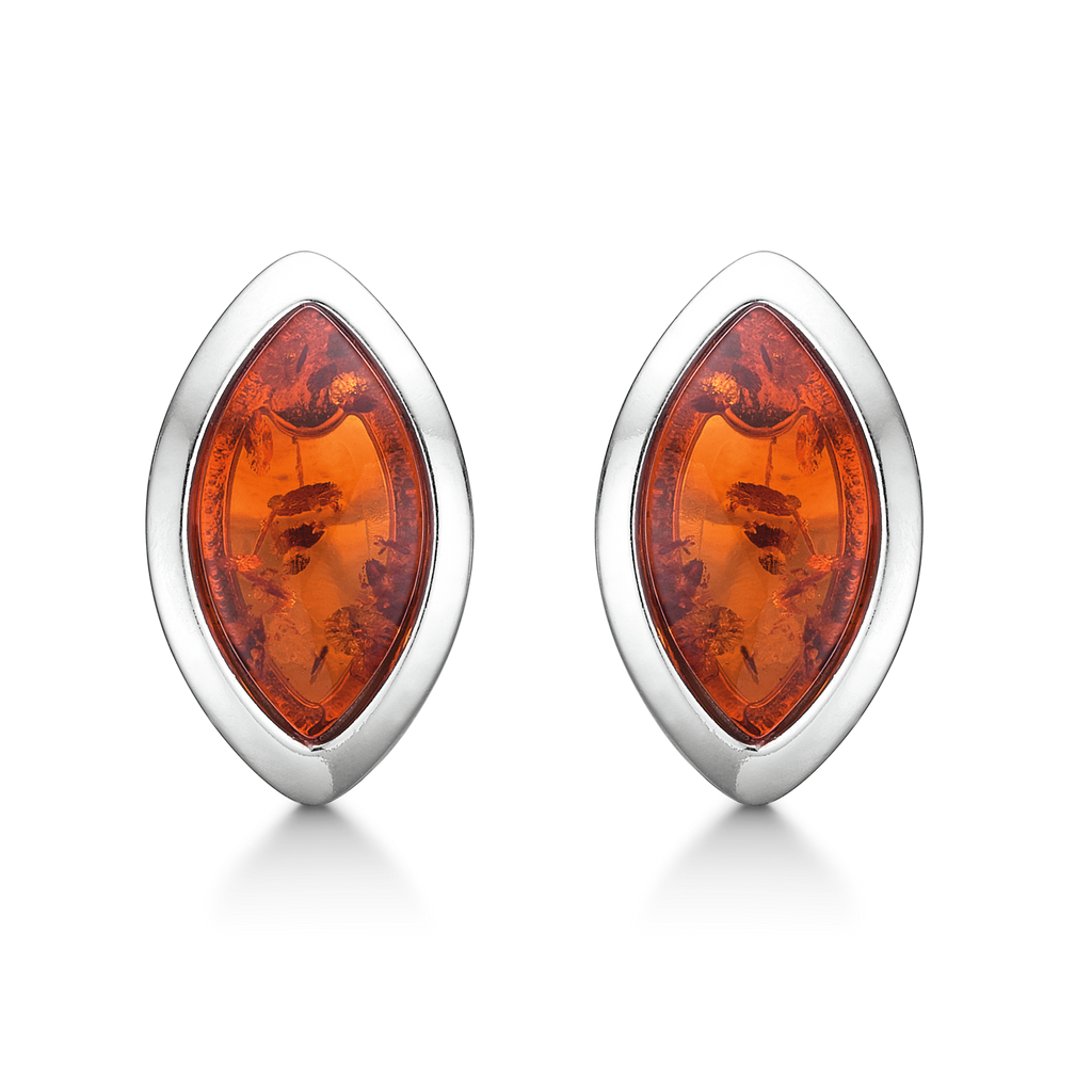 Sølv ørestikker rhodineret øje med rav.  Mål: 16 x 10 mm.