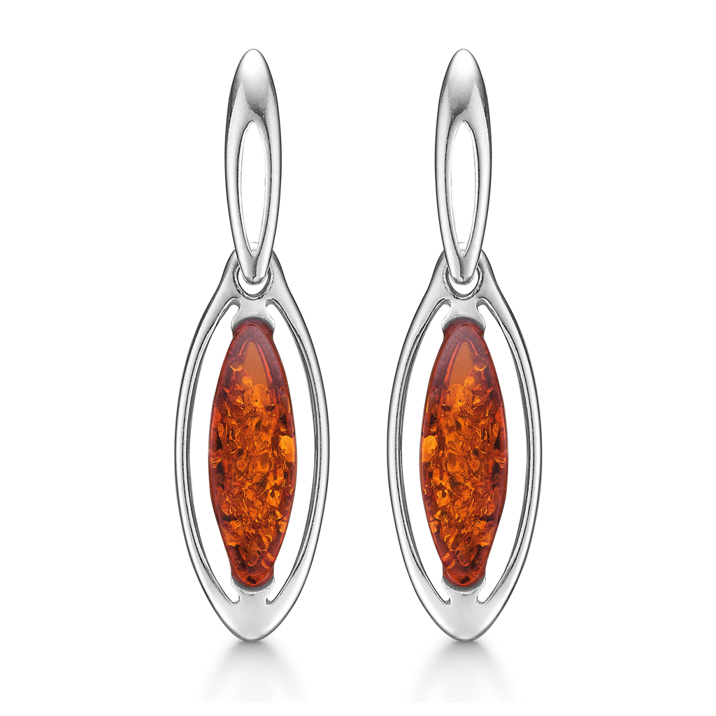 Sølv ørehænger rhodineret øje med rav.  Mål: 18 x 7 mm.