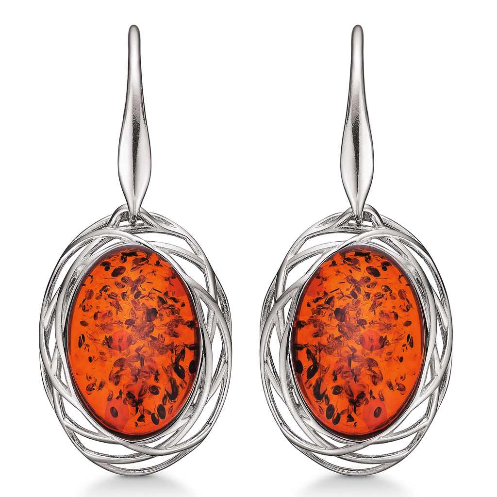 Sølv ørehænger rhodineret oval rav med streger rundt om