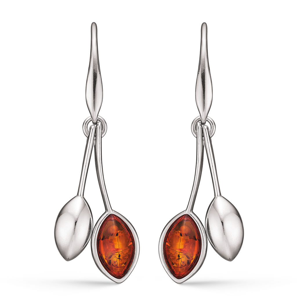 Sølv ørehænger rhodineret 2 blade den ene med rav og den anden med sølv