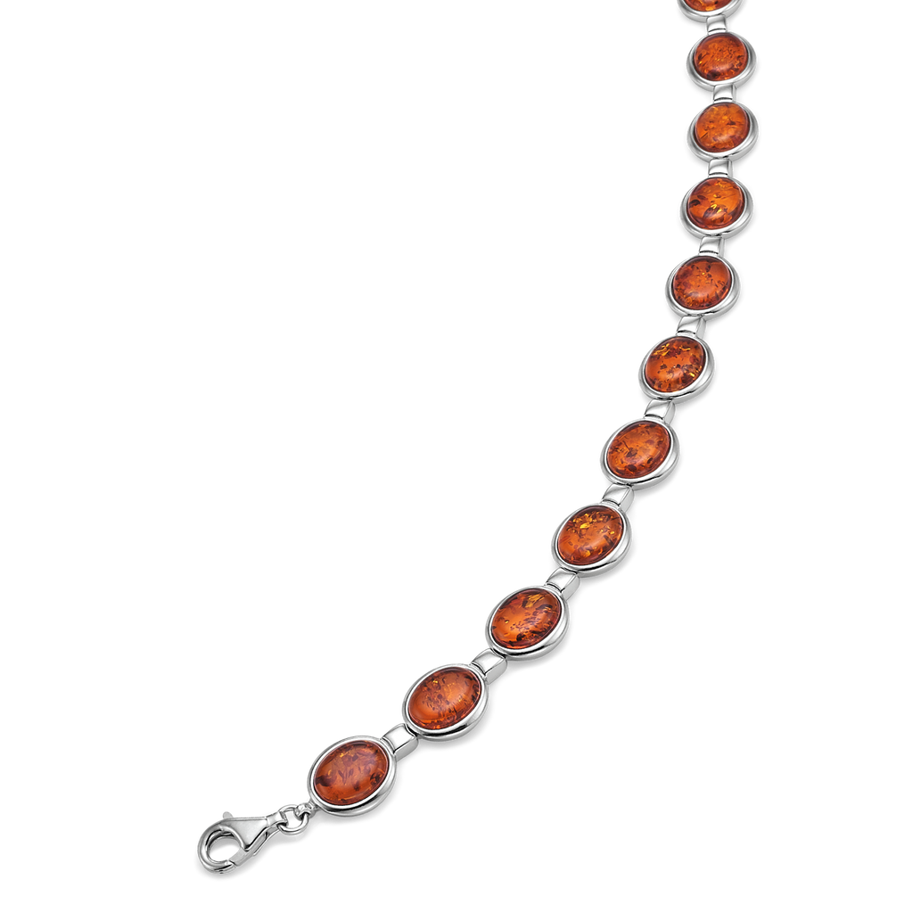 Sølv armbånd rhodineret oval med rav. Mål: 11 x 10 mm. Længde 18,5 cm.