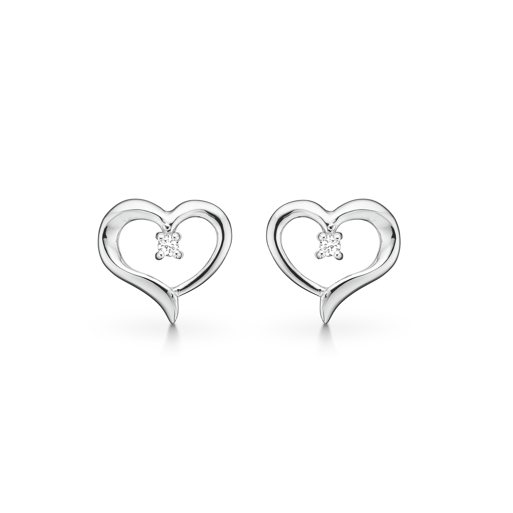 Sølv ørestikker rhodineret hjerte med diamant.  Diamant ialt 0,044 ct. w/pk1.