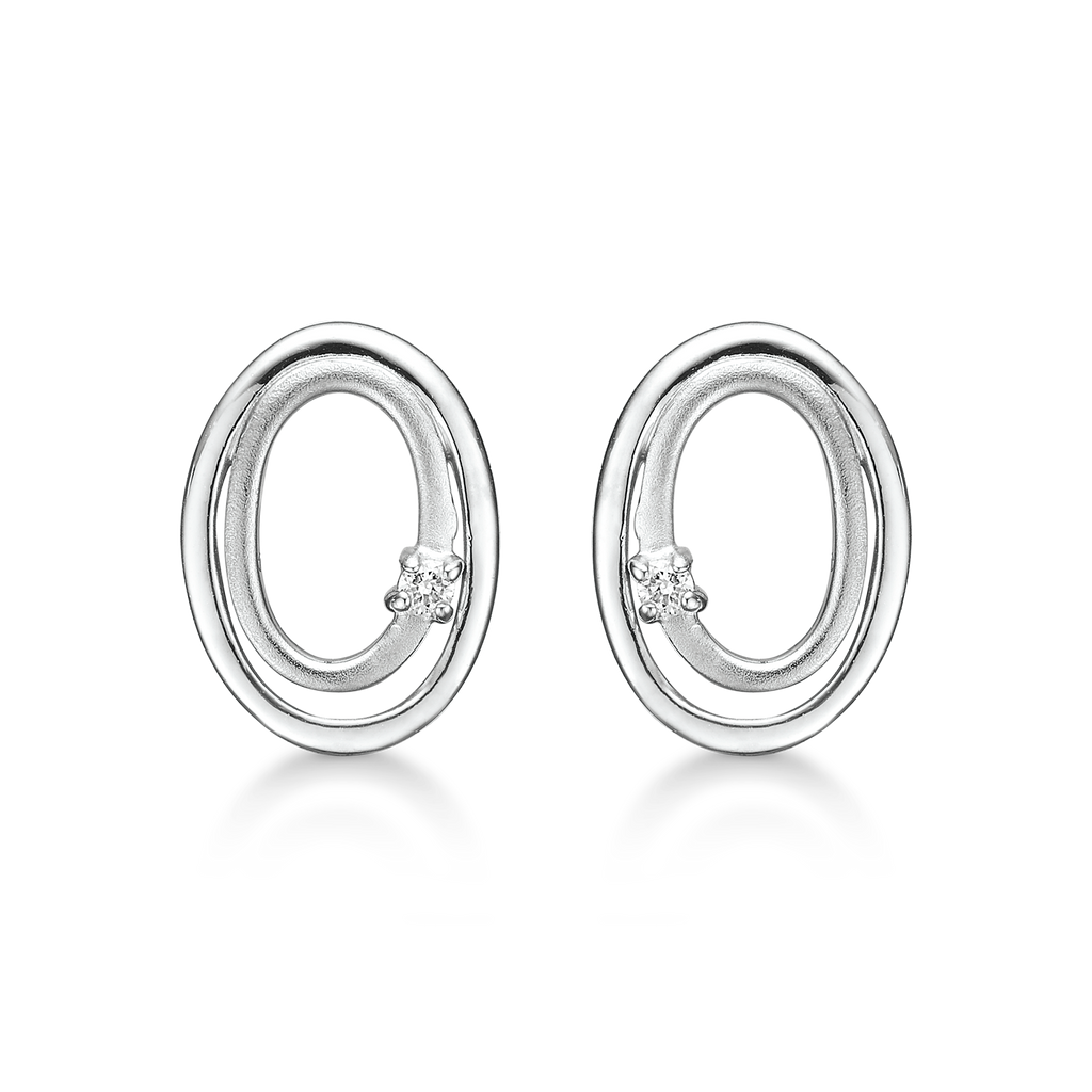 Sølv ørestikker rhodineret dobbelt oval mat/blank med diamant.  Diamant ialt 0,037 ct. w/pk1.