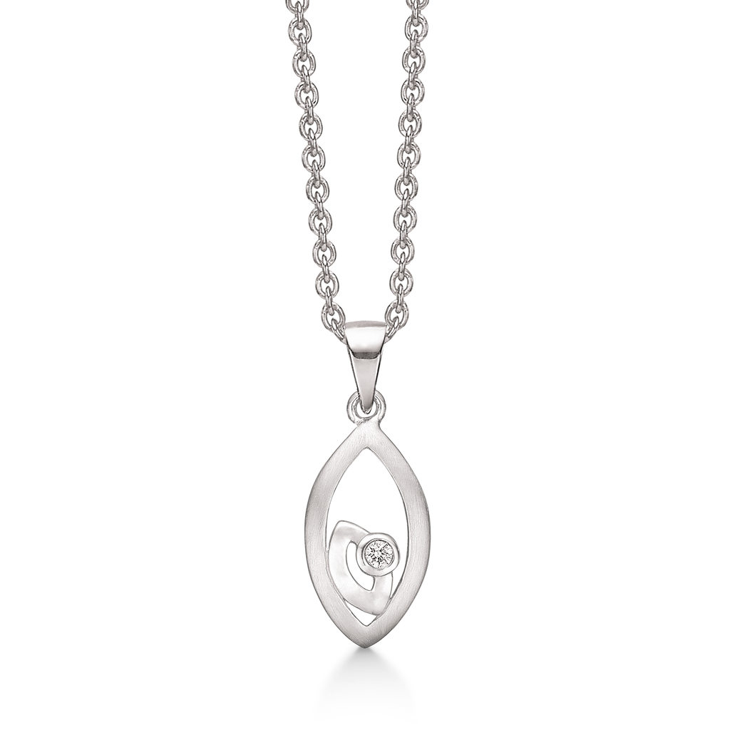 Sølv vedhæng rhodineret lille blank oval med diamant i stor mat oval. Diamant ialt 0,016 ct. w/pk1.