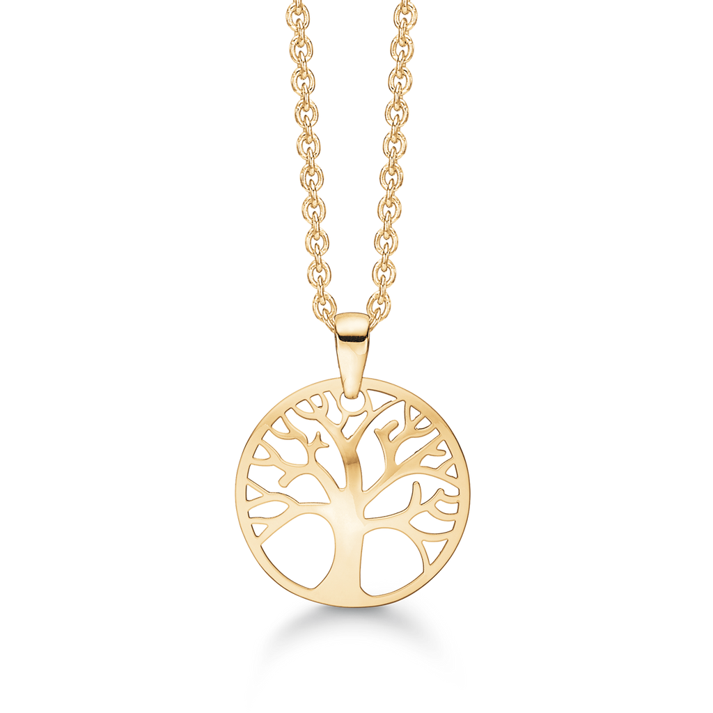 8 kt. guld Halskæde med vedhæng livets træ. Mål: 14 mm. i diameter. Kæden er forgyldt sølv i længde 42-45 cm.