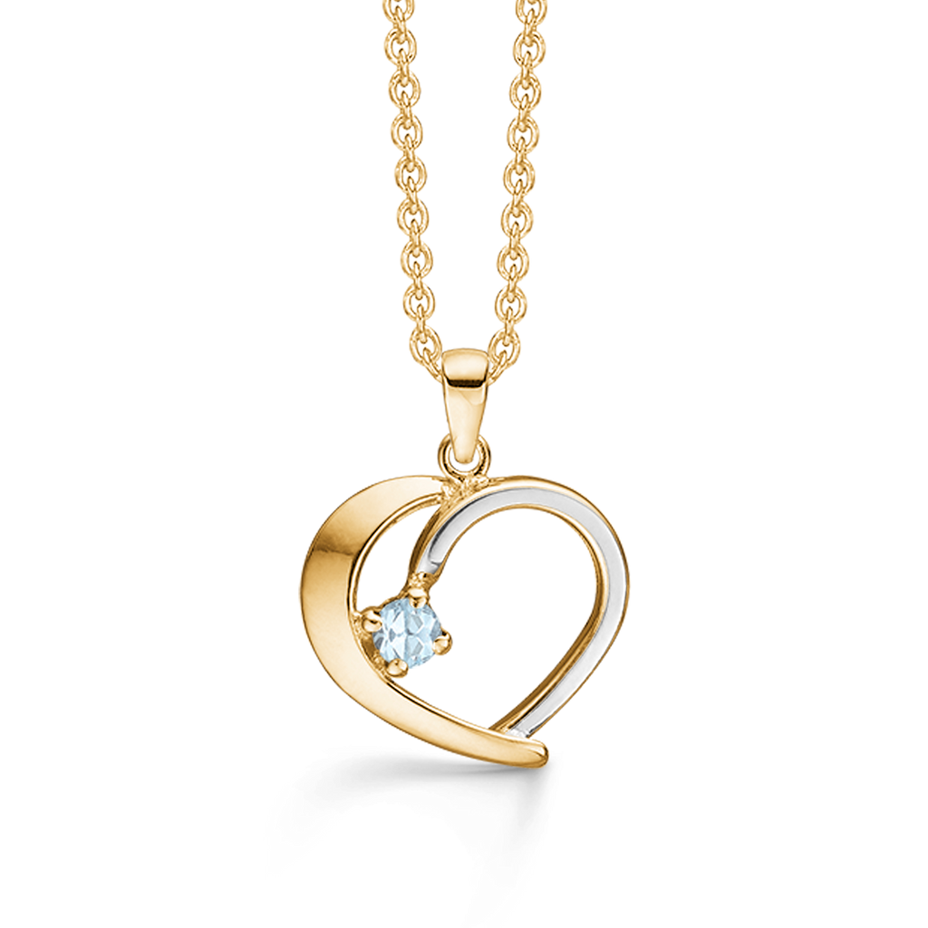 8 kt. guld Halskæde med vedhæng hjerte. Den ene side med rhodium og 1 blå topas. Mål: 16 x 15 mm. Kæden er forgyldt sølv i længde 42-45 cm.