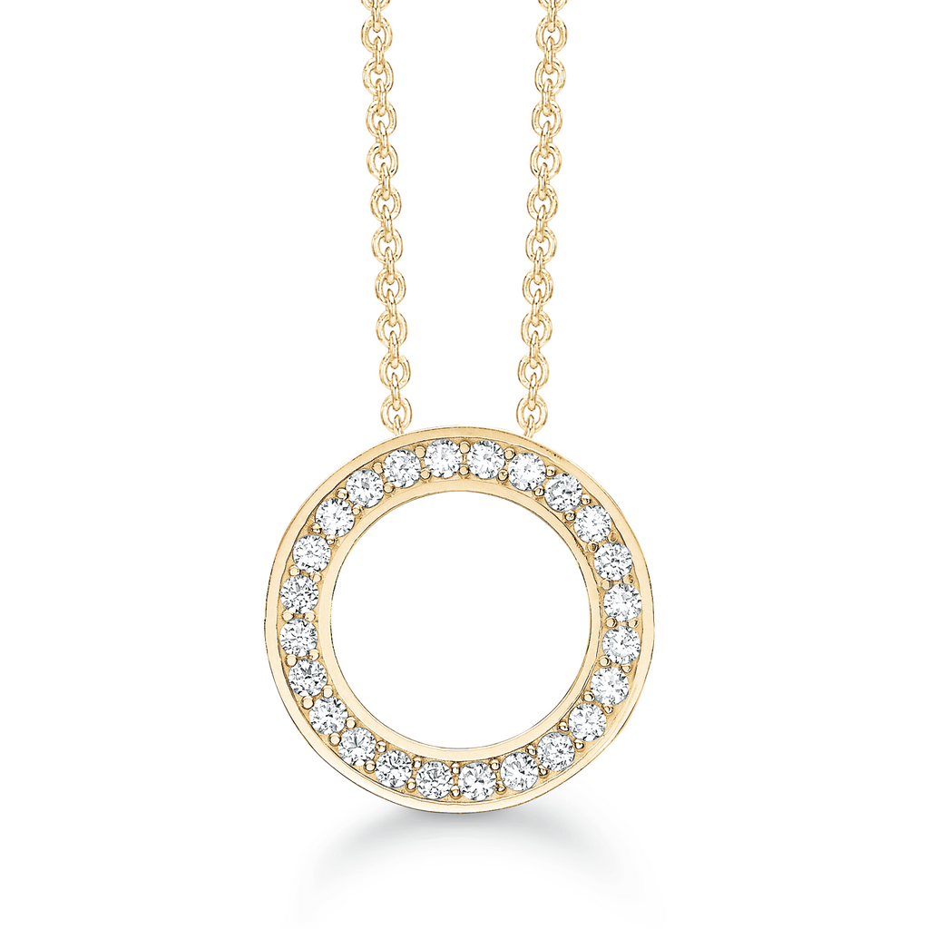 8 kt. guld Halskæde med vedhæng krans med syntetiske cubic zirconia. Mål: 18 mm. i diameter. Kæden er forgyldt sølv i længde 42-45 cm.