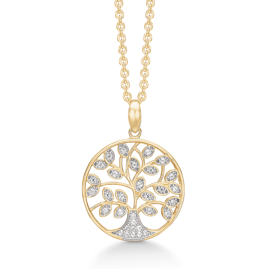 8 kt. guld Halskæde med vedhæng livets træ med syntetiske cubic zirconia.  Kæden er forgyldt sølv i længde 42-45 cm.