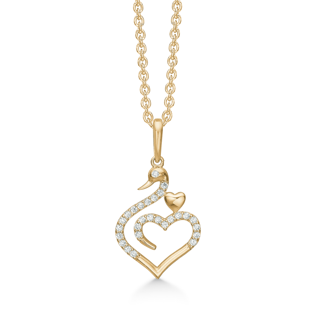 8 kt. guld Halskæde med vedhæng svane med hjerte og syntetiske cubic zirconia. Mål:18,5 mm x 12,41 mm. Kæden er forgyldt sølv i længde 42-45 cm.