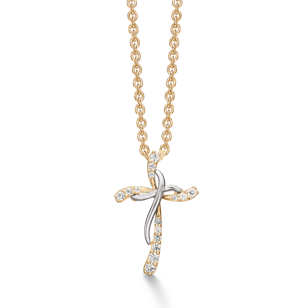 8 kt. guld Halskæde med vedhæng kors med syntetiske cubic zirconia og med kryds over  Kæden er forgyldt sølv i længde 42-45 cm.