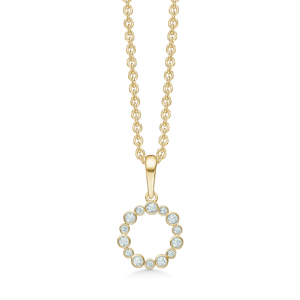 14 kt. guld Halskæde med vedhæng  cirkel af ringe med syntetiske cubic zirconia. Mål 10,33 mm. Kæden er forgyldt sølv i længde 42-45 cm.