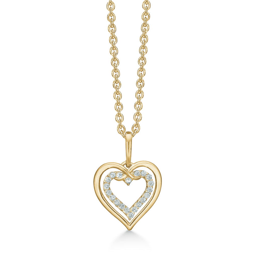 14 kt. guld Halskæde med vedhæng dobbelt hjerte det inderste med syntetiske cubic zirconia i kanten. Mål 11,90 mm x 12,20 mm. Kæden er forgyldt sølv i længde 42-45 cm.