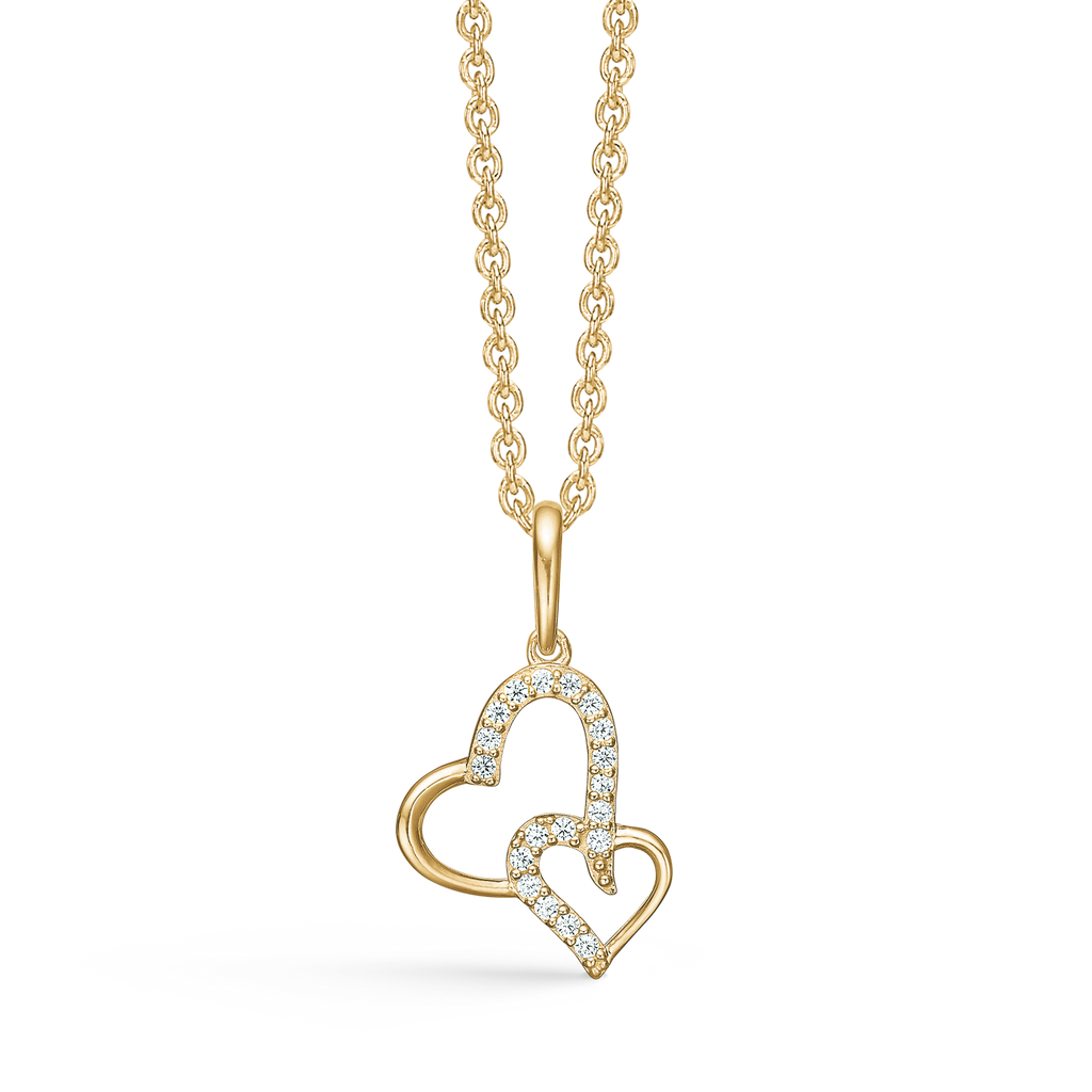14 kt. guld Halskæde med vedhæng dobbelt hjerte med syntetiske cubic zirconia i halvdelen af begge to. Mål 13,38 mm. Kæden er forgyldt sølv i længde 42-45 cm.