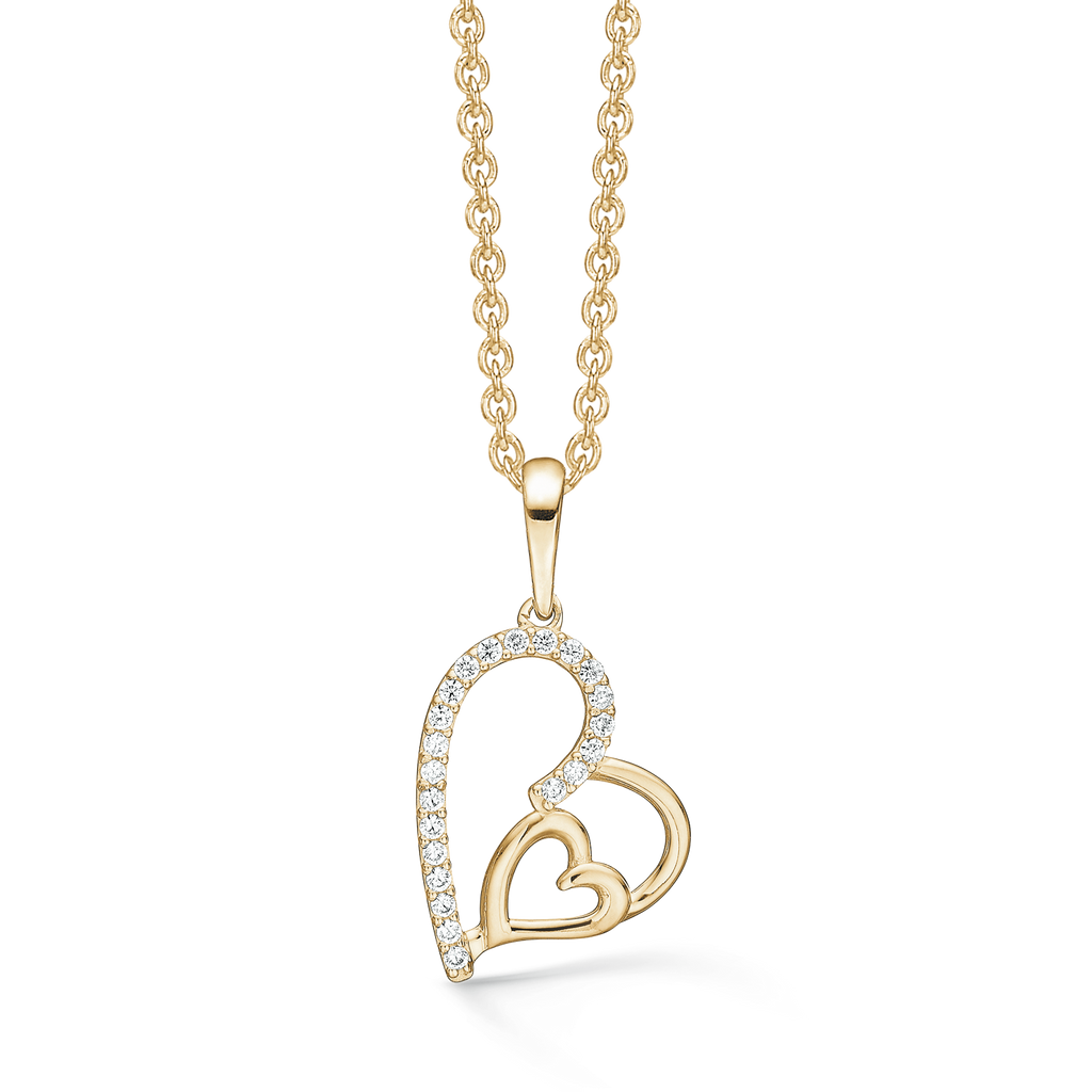 14 kt. guld Halskæde med vedhæng dobbelt hjerte med syntetiske cubic zirconia i den ene side. Kæden er forgyldt sølv i længde 42-45 cm.