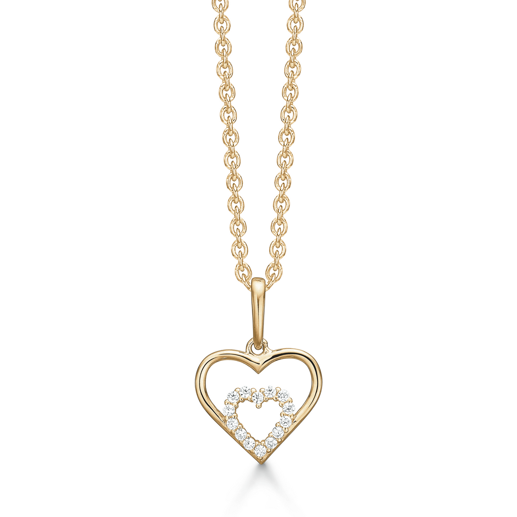 14 kt. guld Halskæde med vedhæng dobbelt hjerte med syntetisk cubic zirconia i hjertet i midten. Kæden er forgyldt sølv i længde 42-45 cm.