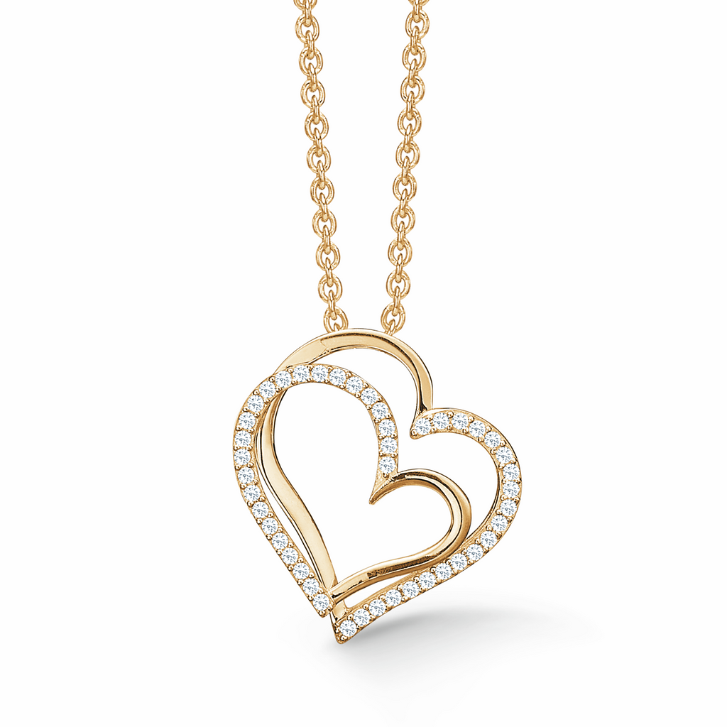 14 kt. guld Halskæde med vedhæng skæv dobbelt hjerte med syntetiske cubic zirconia. Kæden er forgyldt sølv i længde 42-45 cm.